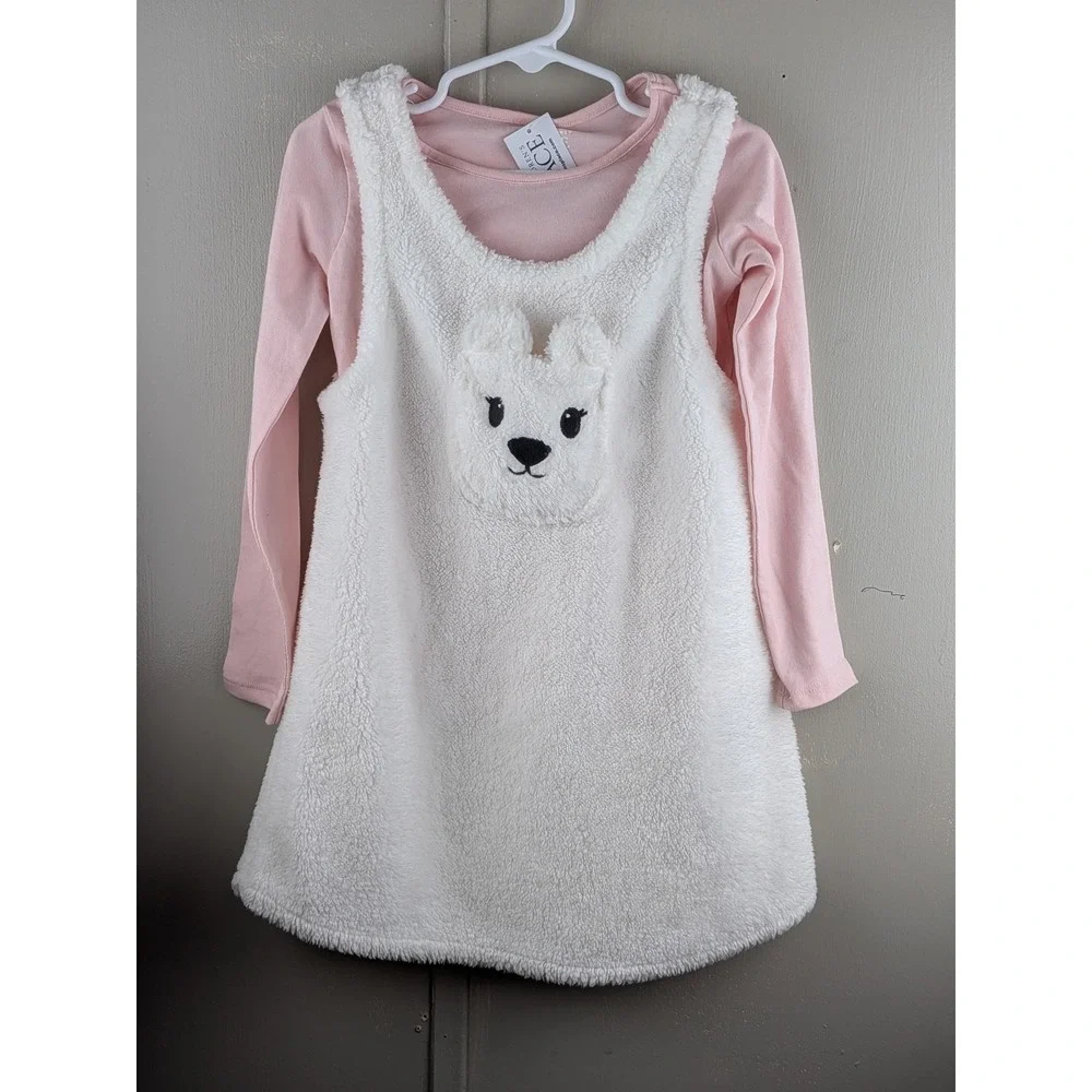 The Childrens Place Girls 4T Pink Long Sleeve Top & White Sherpa Bunny Dress Set